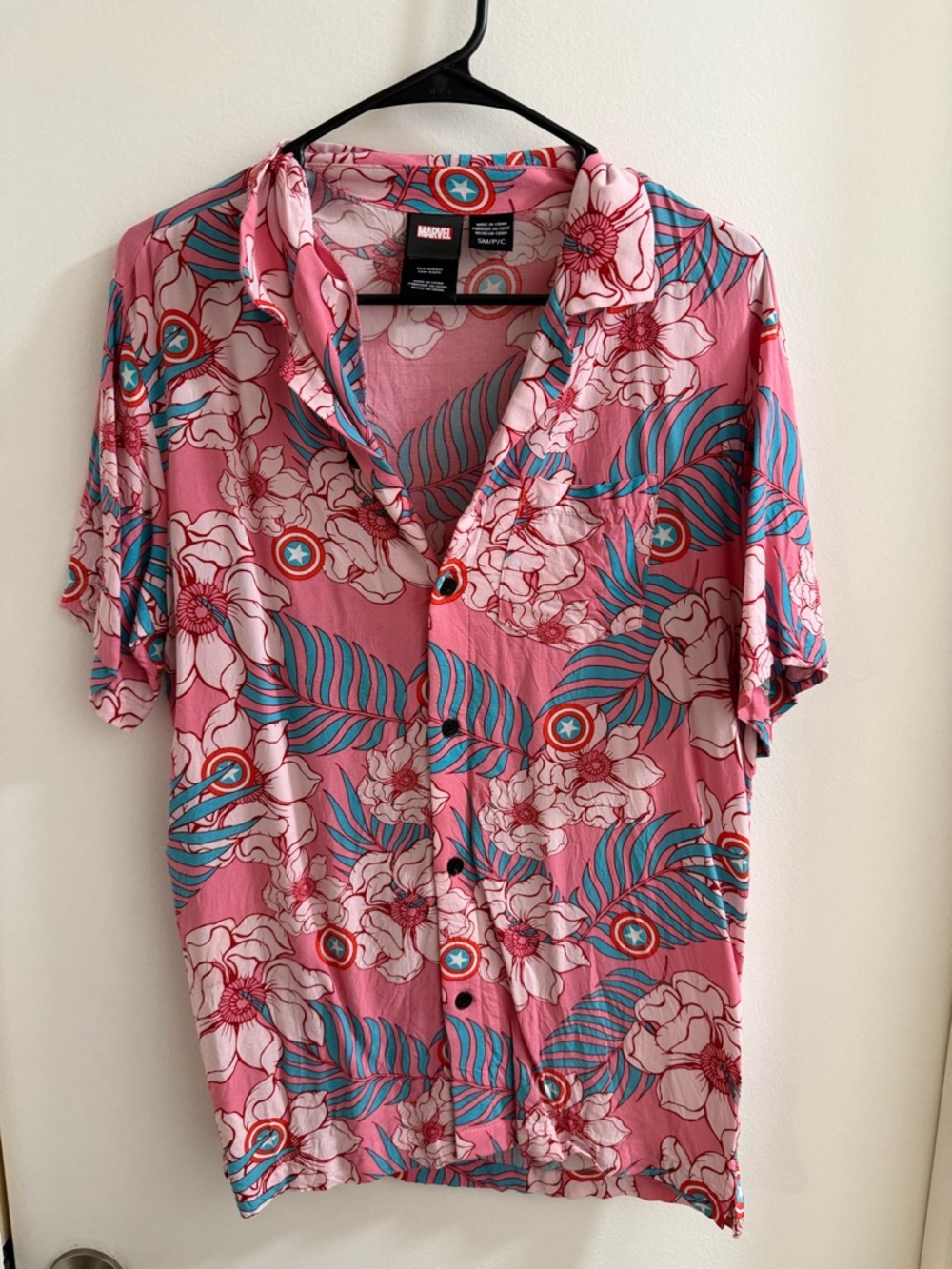 Marvel Pink Floral Button-Down Camp Shirt with Teal Leaf Accents